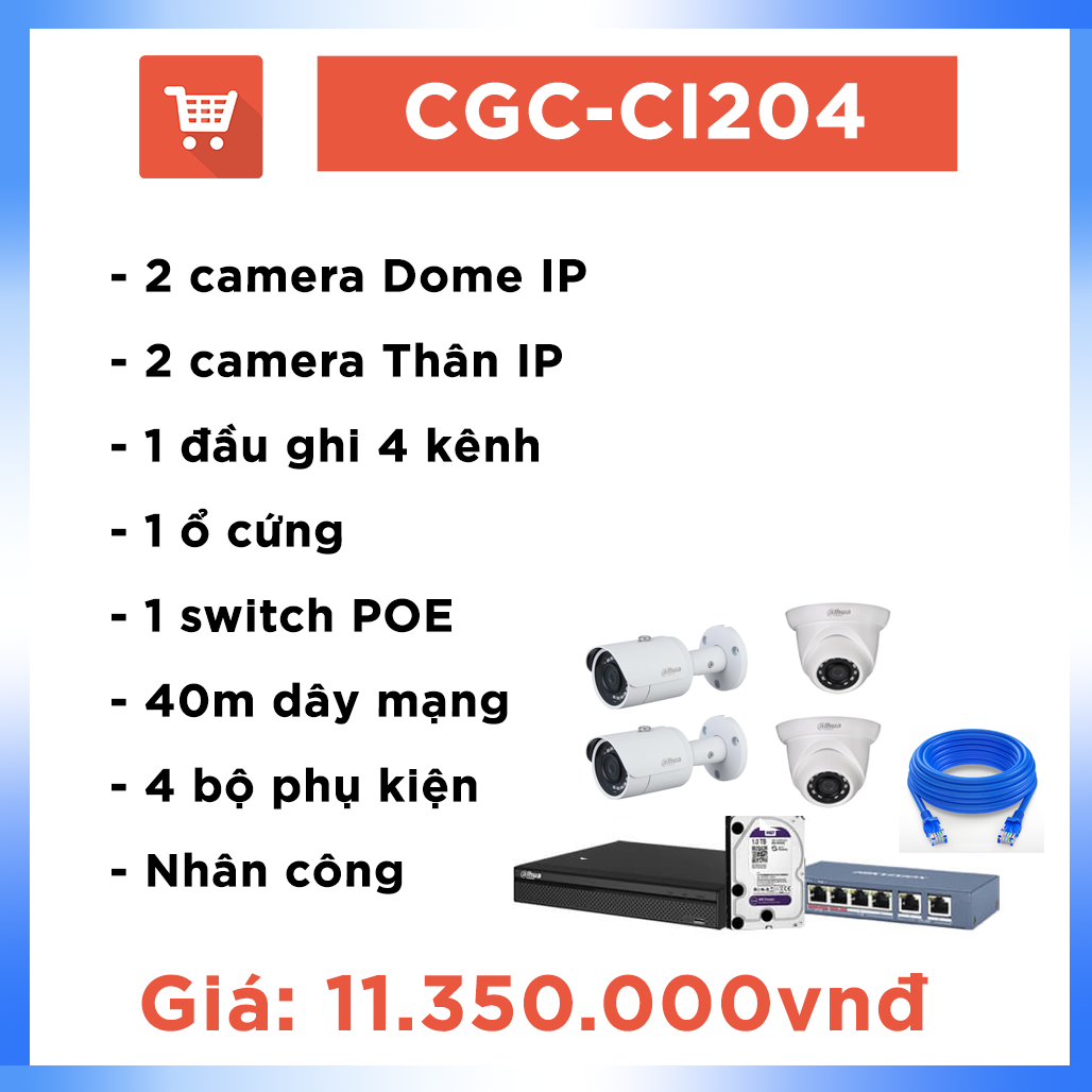 Bộ camera văn phòng hệ IP CGC – CA204 ( 4 cam + 40m dây)