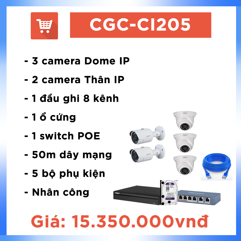 Bộ camera văn phòng hệ IP CGC – CA205 ( 5 cam + 50m dây)