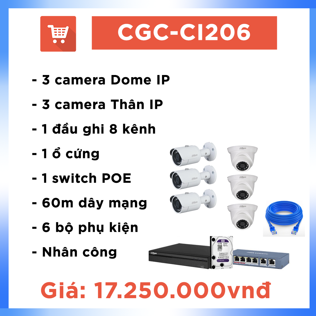 Bộ camera văn phòng hệ IP CGC – CA206 ( 6 cam + 60m dây)