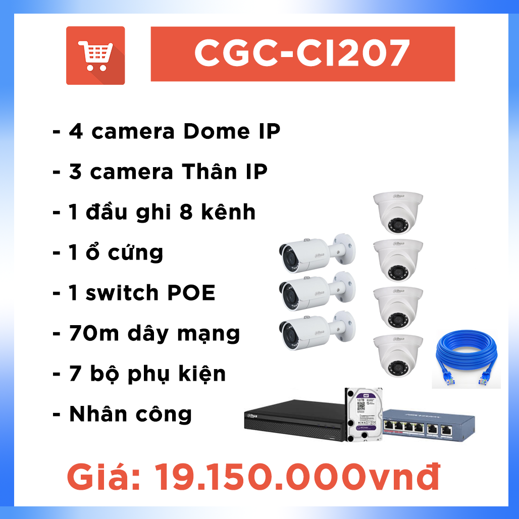 Bộ camera văn phòng hệ IP CGC – CA207 ( 7 cam + 70m dây)