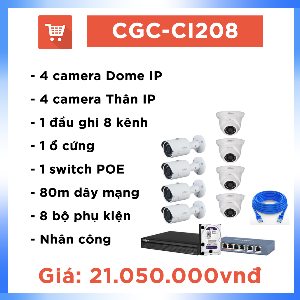 Bộ camera văn phòng hệ IP CGC – CA208 ( 8 cam + 80m dây)